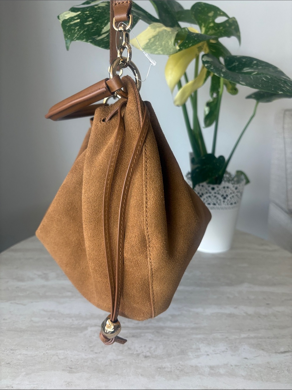 The Camren Gathered Shoulder Bag in aged cognac suede - Picture 6 of 16